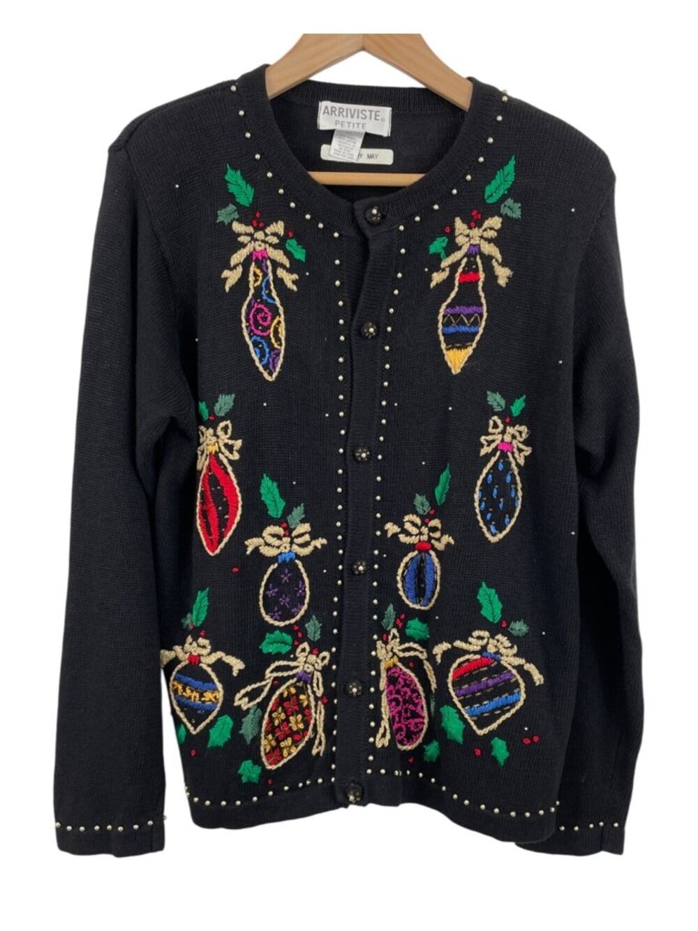 Arriviste Petite Black Beaded & Embroidered Holiday Cardigan Sweater